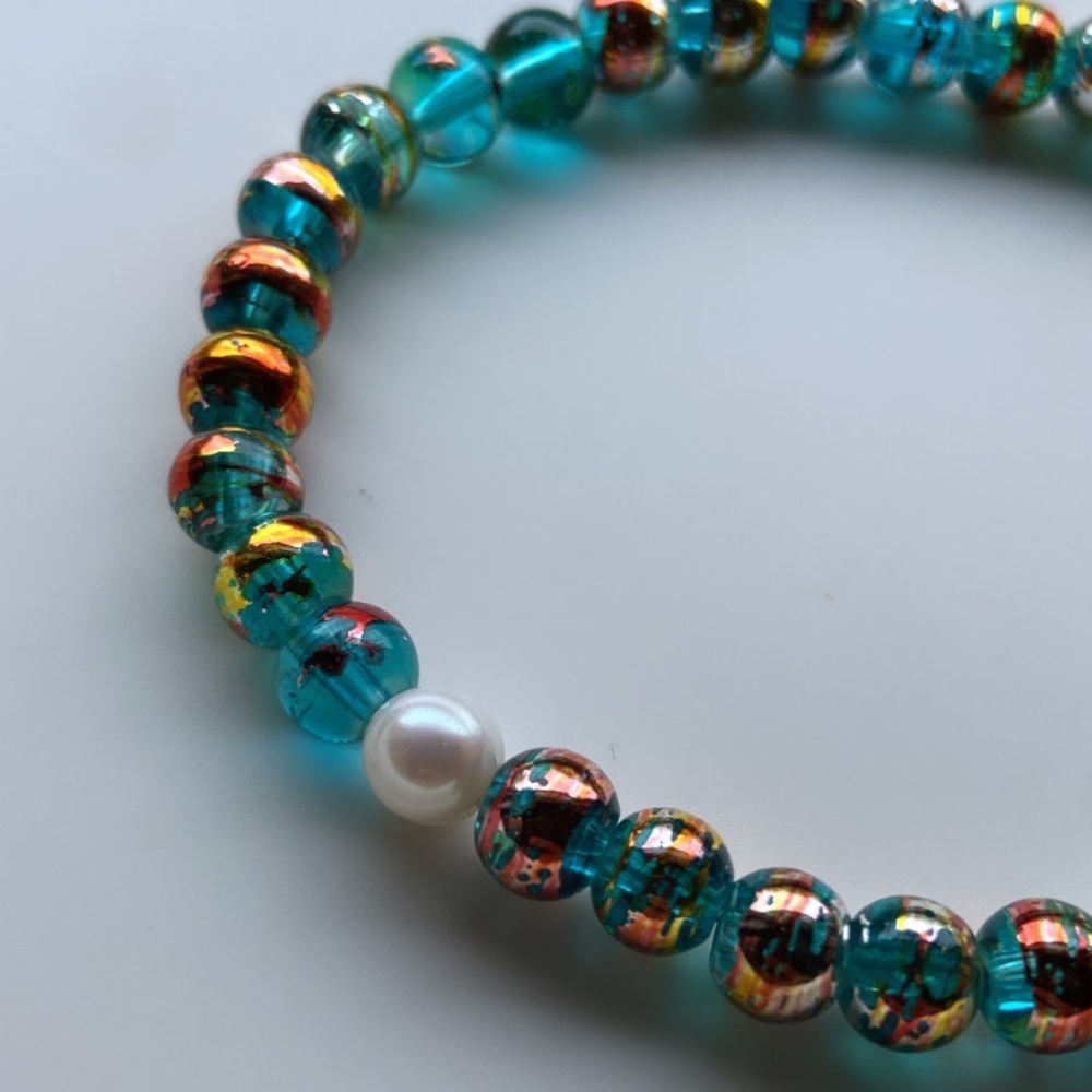 Chic Pearl electroplated Metallic Stretch Bracelet Chunky boho Teal Glass Beads - Picture 2 of 6